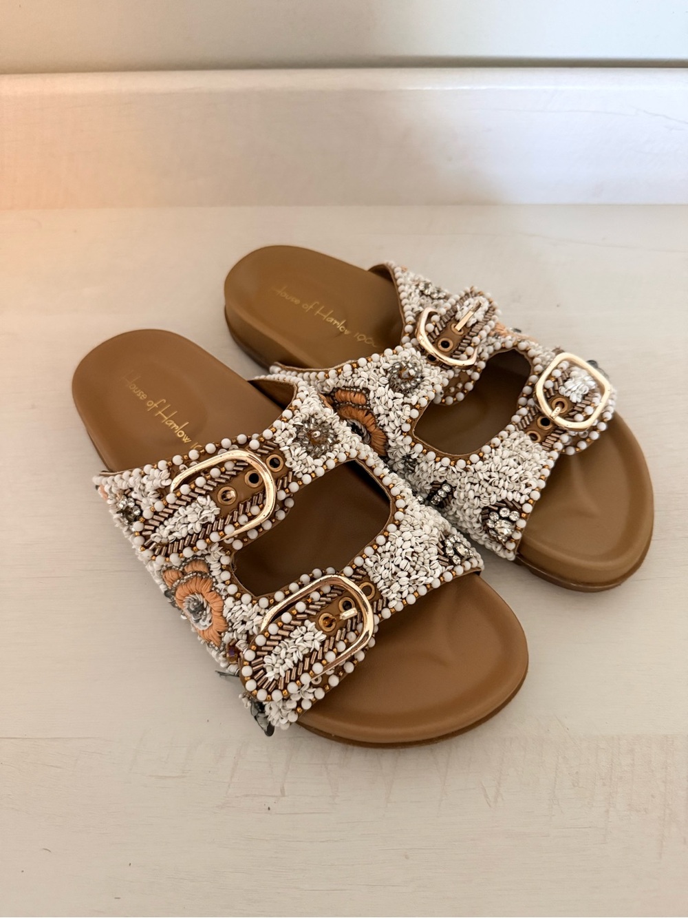 House of Harlow 1960 White Beaded Double-Buckle Slide Sandals with Tan Footbed